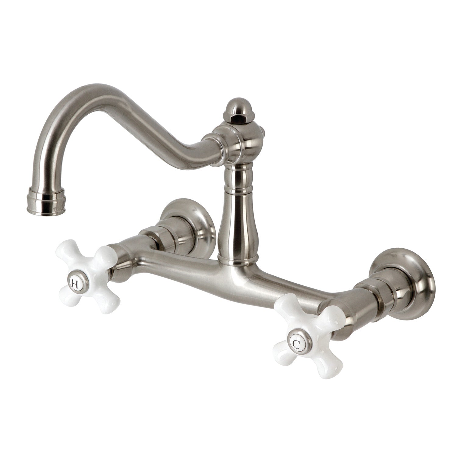 Kingston Heirloom KS3248PX - Vintage Double-Handle 2-Hole Wall Mount Bathroom Faucet, Brushed Nickel — image 1